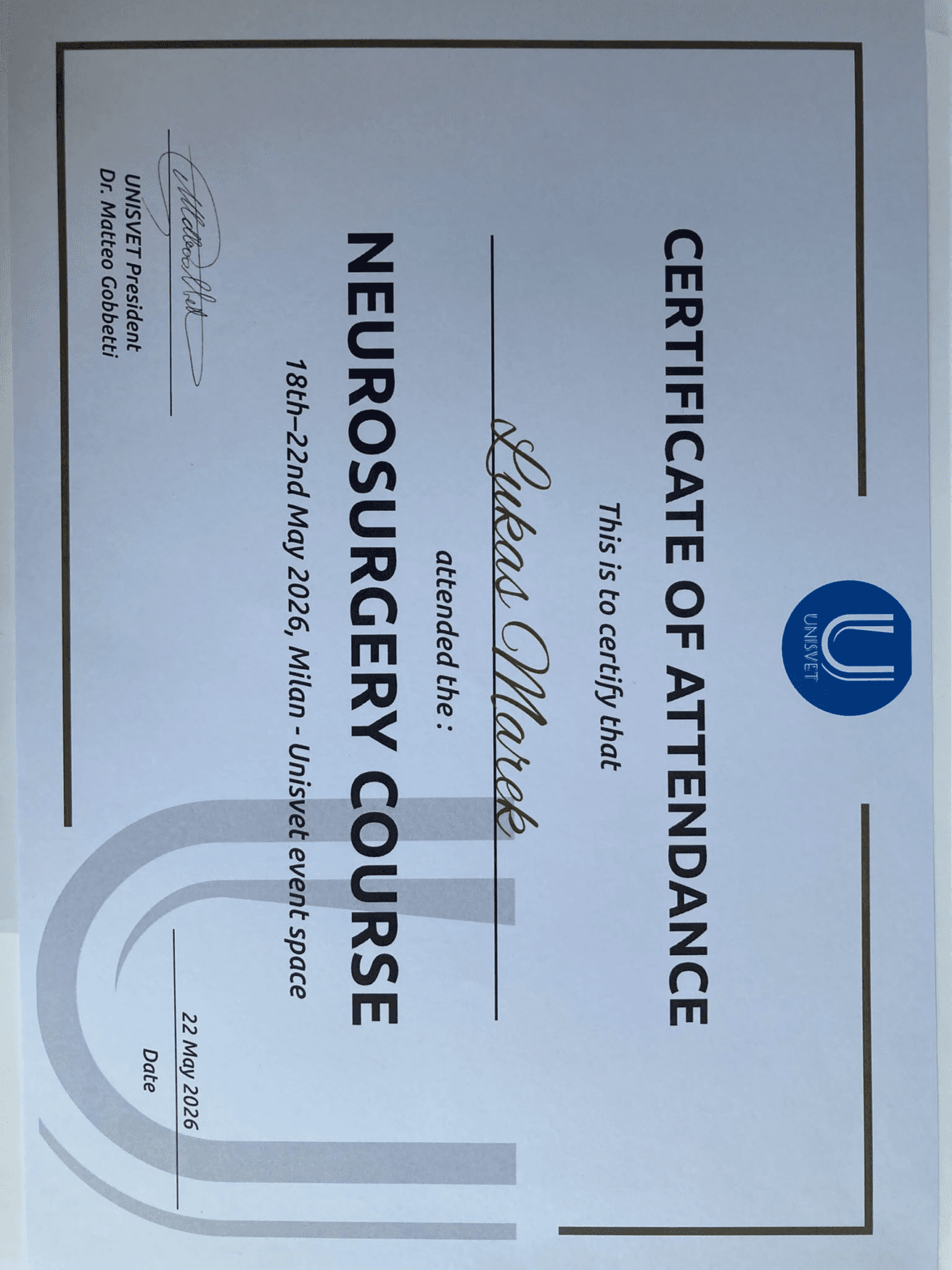 Certifikát UNISVET Neurosurgery Course, Milán 2026